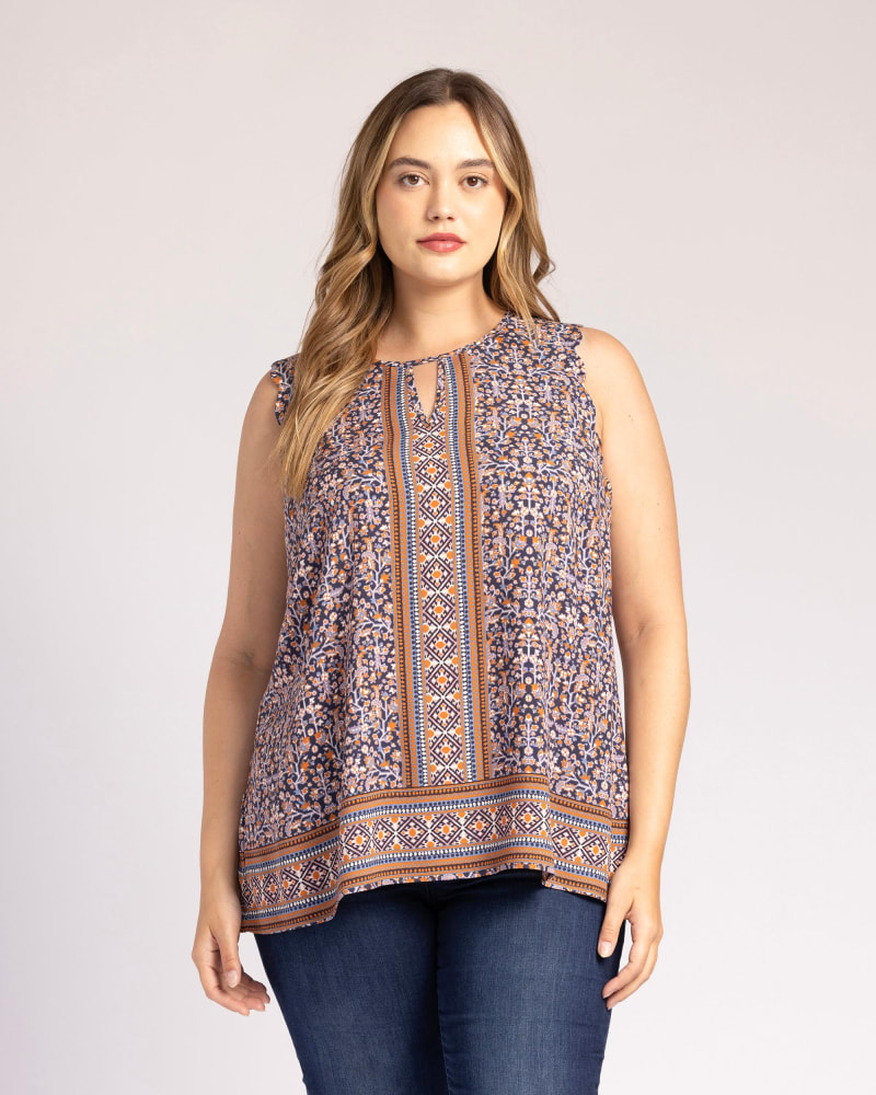 Front of a model wearing a size 3X Mercy Boho Tank Top with Keyhole in o329 INDIGO by Daniel Rainn. | dia_product_style_image_id:303064